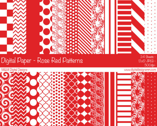 Digital Paper Set - Rose Red and White Patterns